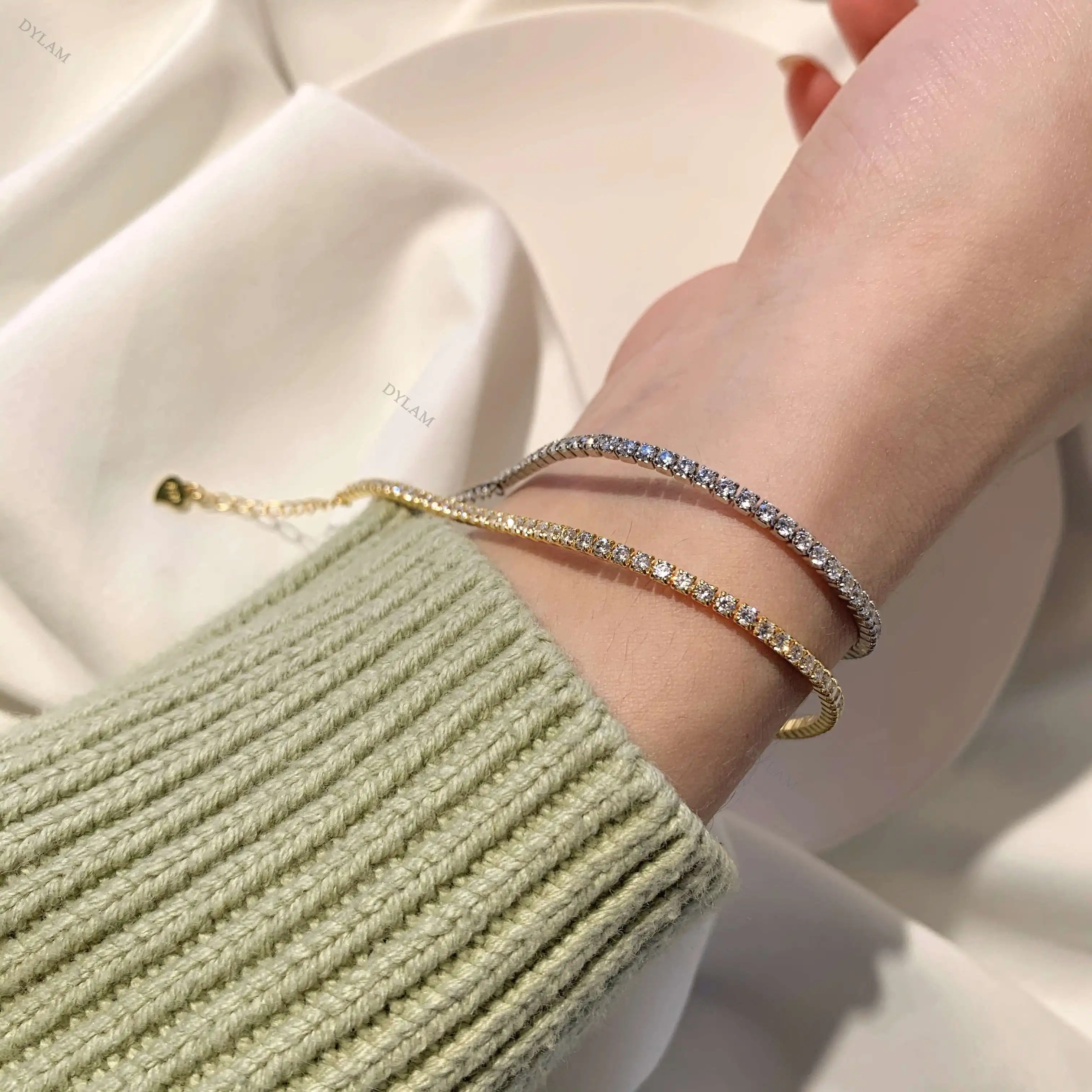 Dylam Лидер продаж Блеск диаманта Bling из белого золота 3 мм 18K позолоченный 5A, циркон, кристалл браслет стерлингового серебра 925 теннисные браслеты