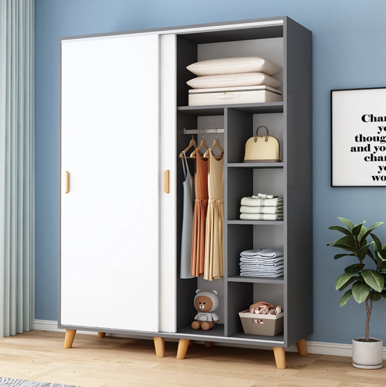 Wholesale Quality Modern Simple Apartment Hotel Sliding Door Solid Wood Foot Wardrobe with Storage