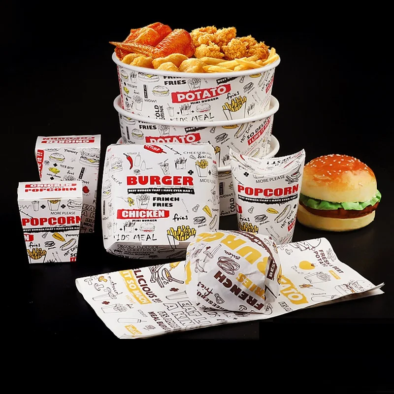 Colorful Food Grade Kraft Paper Cardboard Paper Takeaway Chicken Hamburger Sandwich French Fries Food Packaging Box