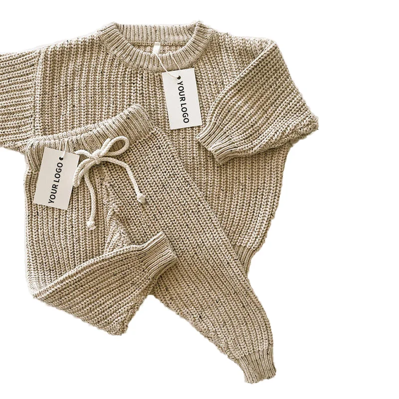 Custom Logo Sprinkle Cotton Baby Sweaters New Born Winter Clothes Ribbed Chunky Knitted Pant Long Sleeve Kids Knitwear Set