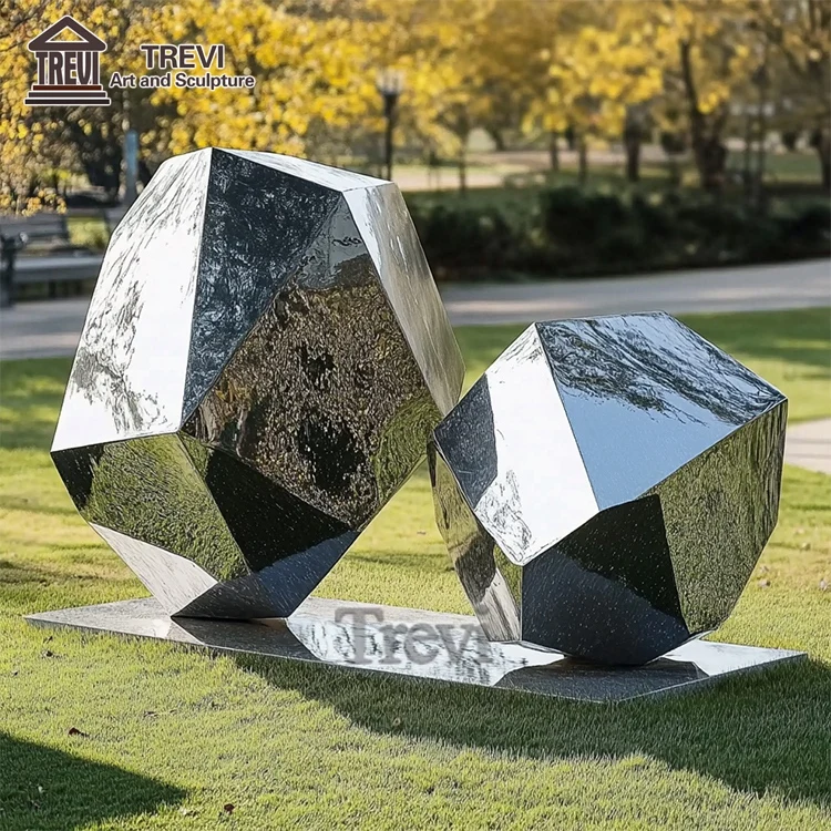 Lawn Ornament Metal Mirror Statue Stainless Steel Geometric Stone Sculpture