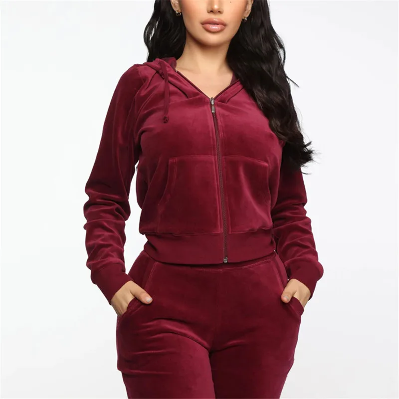 New Long Sleeve Active Jogger Suit Training Sweatsuit Women Fitted Velour Hooded velvet Tracksuit