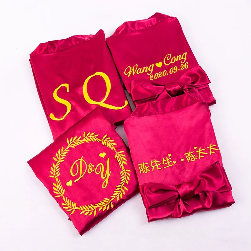 Wholesale femme plain short custom soft bath embroidered bridesmaids bride kimono silk satin robes women