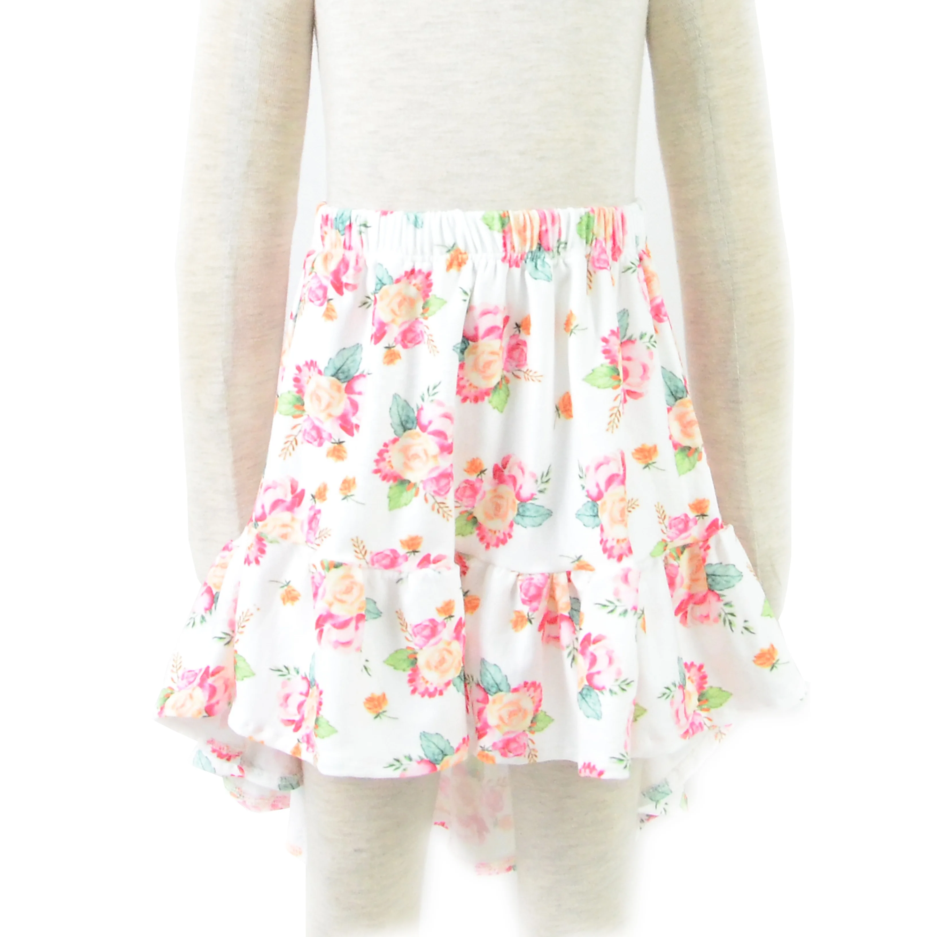 
Hot sale baby girl high low ruffle skirt sweet flower printed dress summer short skirt kids boutique clothing 