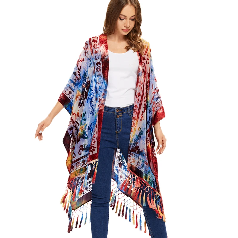 Fashion Tie Dye burnout velvet kimono women velvet cardigan with tassel