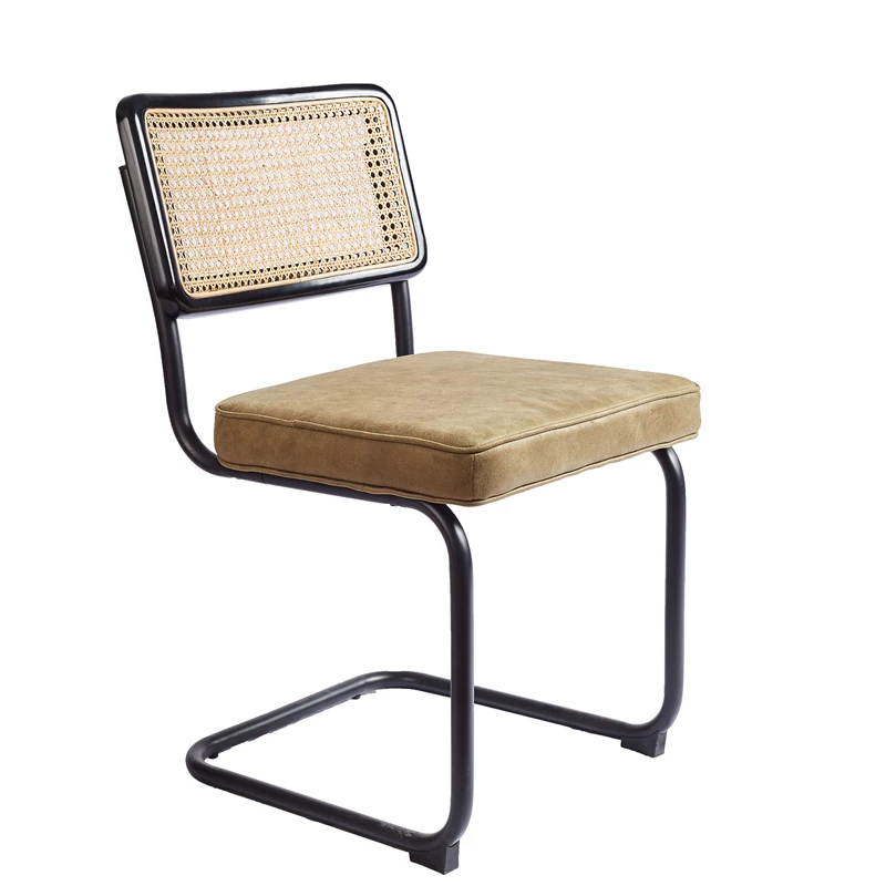 Retro Italian Metal Legs Light Beech Finish Cane Back Rattan Wicker Cesca  Chair Dark blue velvet upholstered dining chair
