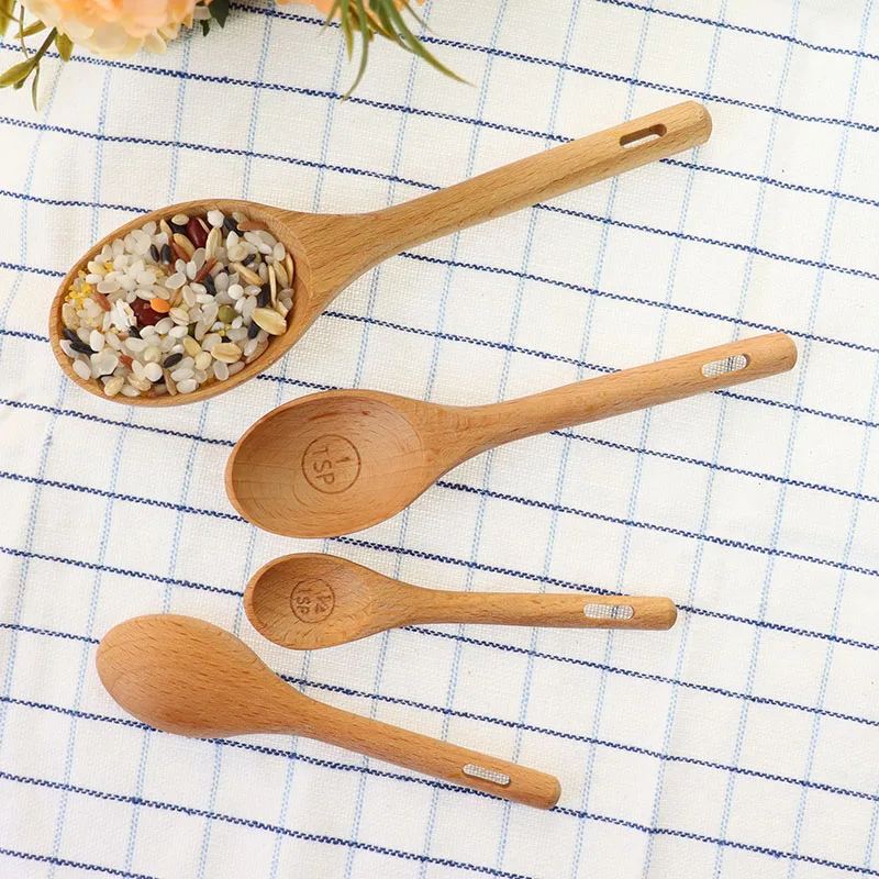 Hot Selling Natural Pack of 4 BeechWood Tablespoon Coffee Tea Spice Sugar Custom Eco Friendly Wooden Scoops Measuring Spoon Set