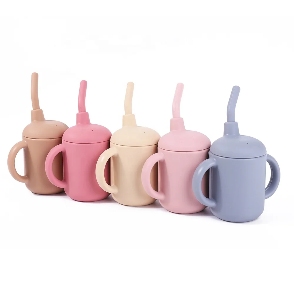 Детские Силиконовые чашки для питья воды с двумя ручками, Детская силиконовая соломинка, чашка с крышкой и унцией для малышей