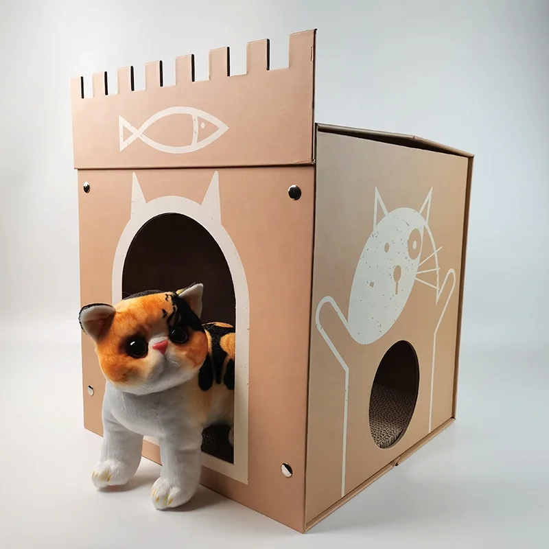 Оптовая продажа экологически чистые игрушки для домашних животных игровой домик Гофрированная коробка бумажная кошачья Когтеточка картонная кнопка печати на замке виллы