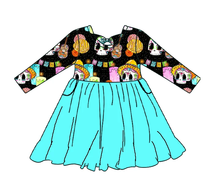 Newest Girls Clothing Custom Printed Bamboo Long Sleeve Knee Length One Piece Girls Cute Halloween Dresses