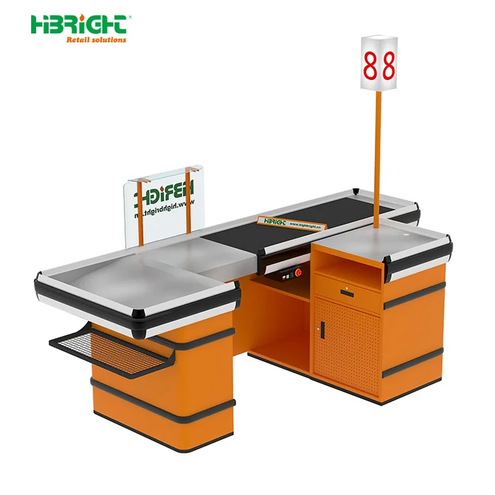 Highbright Retail Store Customized Supermarket Cashier Table Cash Desk Checkout Counter with Conveyor Belt