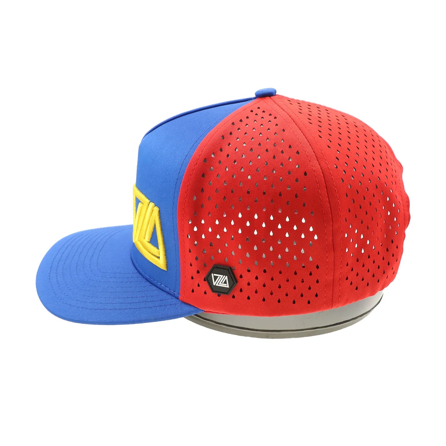 Custom 5 Panel Rubber Patch 3D Embroidery Logo Laser Cut Drilled Hole Perforated Hat Two Color Red/Navy Blue Baseball Cap