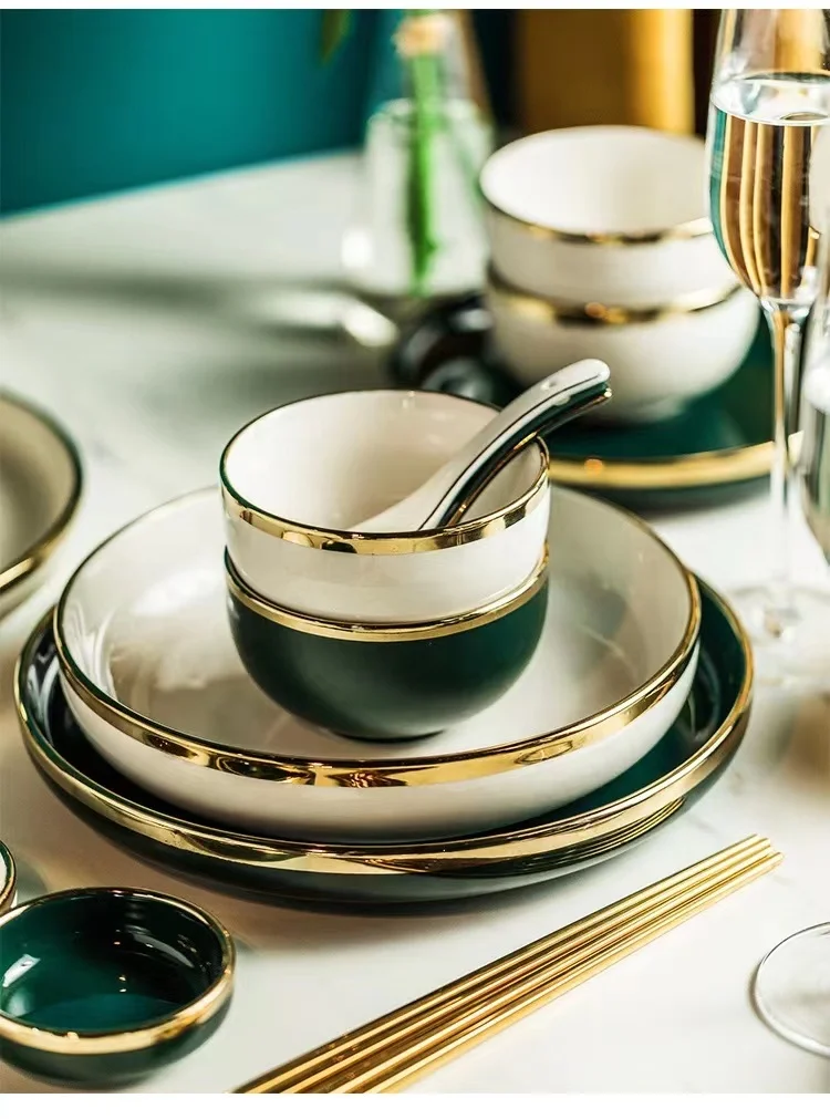 Europe style classic green and white dinner plate luxury golden rim bowl dish dinnerware set tableware