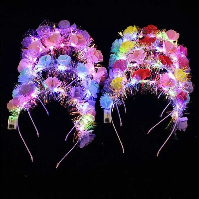 Women Girls Hawai LED Flower Crown Headband Light Up Garlands Glowing Floral Wreath Crown For Beach Party Festivals Wedding