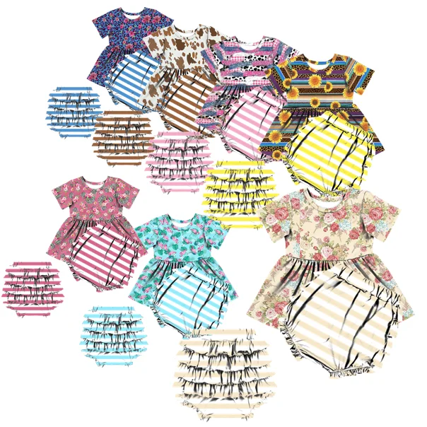 wholesale baby clothes New Design 2pcs Baby Clothing Sets Printed Fabric ruffle girl outfits baby romper