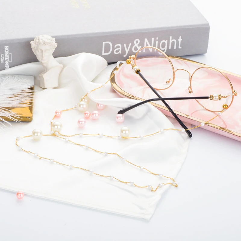 Anti Slip Gold Plated Plated Color Chain Stainless Steel Holder Hanging Neck White Pearl Sunglasses Eyeglass Beaded Chain