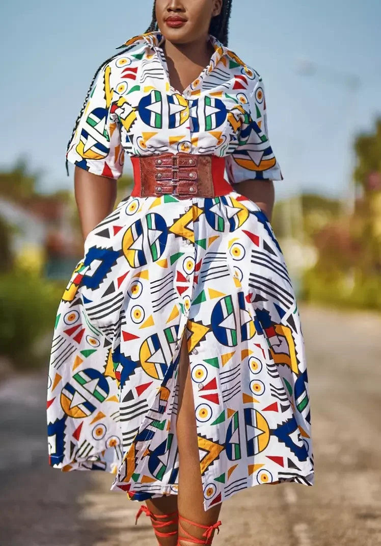 Wholesale Africa Print Women Clothing  Half Sleeve Button Up Shirt Dress Africa Casual Ankara Waxed Casual Front Slit Midi Dress