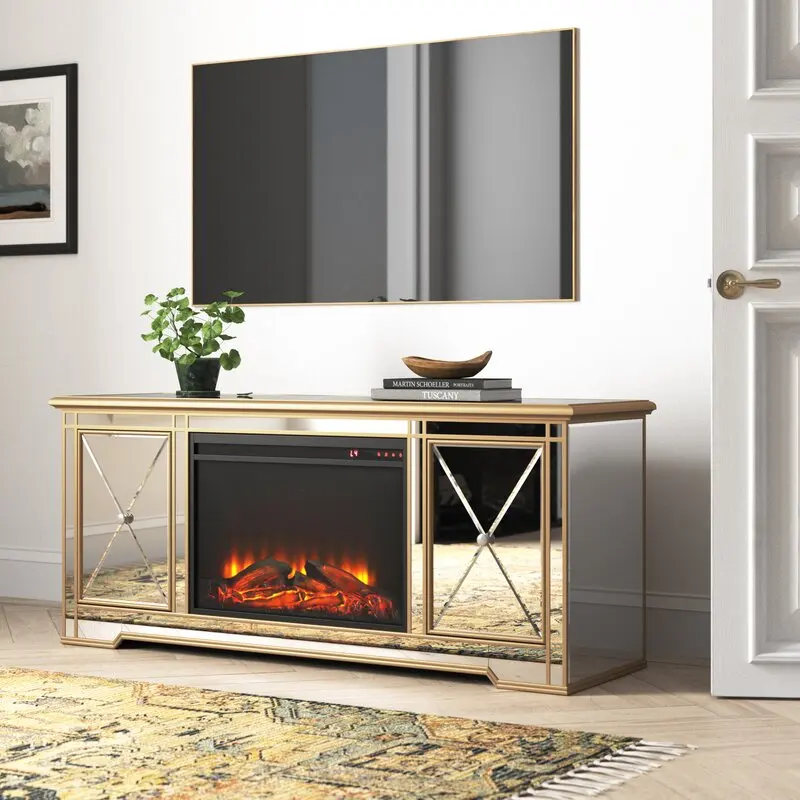 Лидер продаж, зеркальная ТВ-подставка с камином, стеклянный ТВ-шкаф для гостиной, мебель для дома и отеля