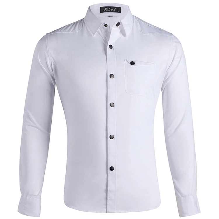 Мужская однотонная деловая рубашка из 100% хлопка, с отложным воротником и длинными рукавами, с металлическими пуговицами