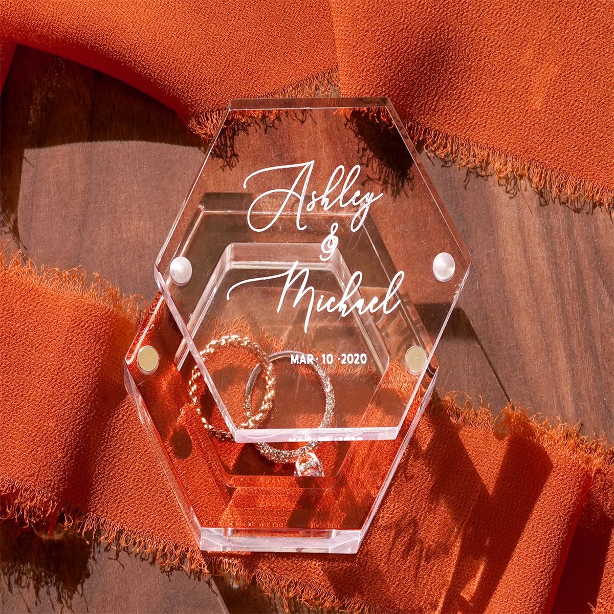 Custom Keepsake  Gifts Magnetic Handmade Wedding Engagement Personalized Hexagon Acrylic Ring Box