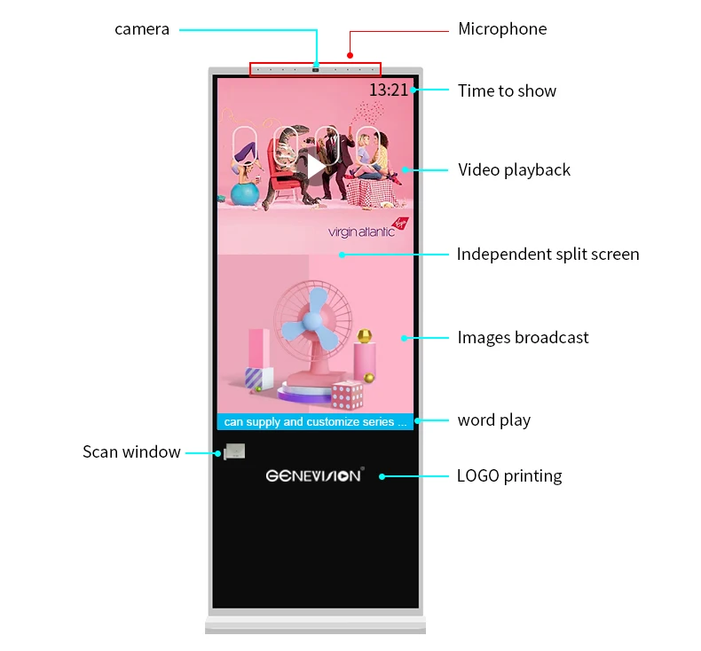 49 inch touch screen display floor standing digital kiosk with printer and LED light on sides