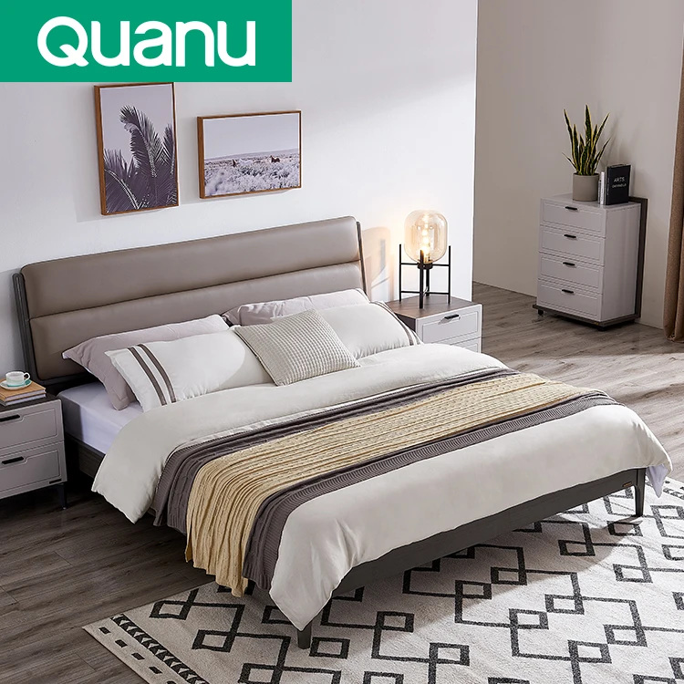 802702 Bedroom Furniture Double Size Wood Modern genuine leather upholstered bed