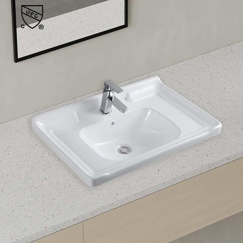 Modern Ceramic White Rectangular Bathroom Vanity Solid Surface Cabinet Sink With Single Hole Mount For Wash Basin