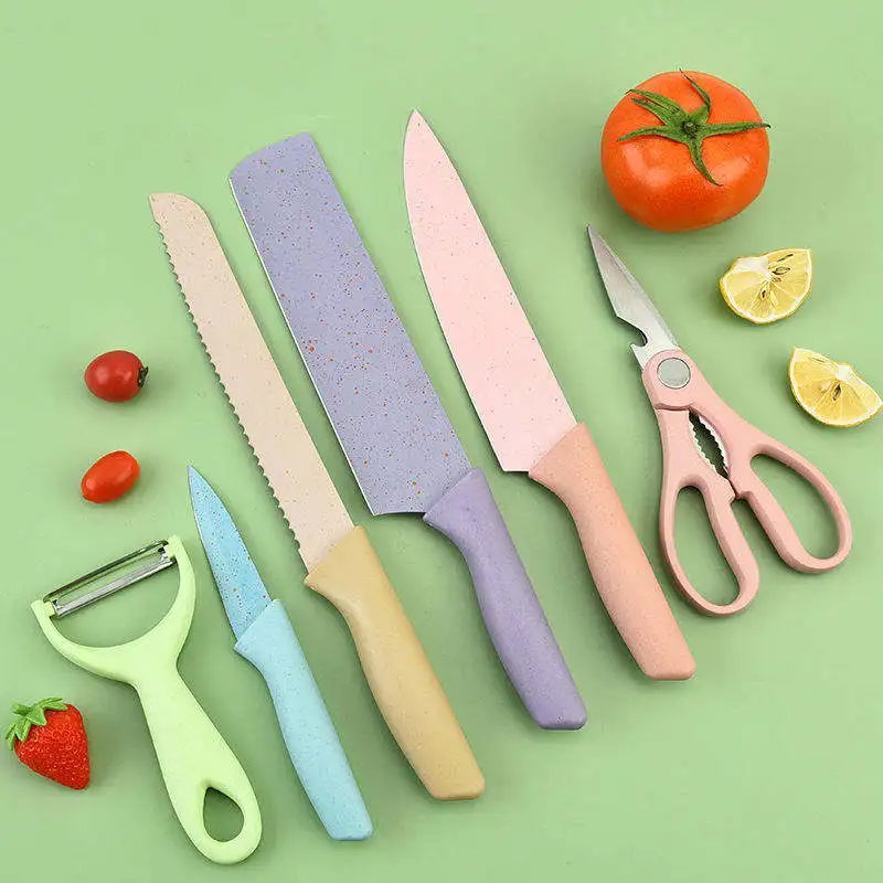 Wholesale Kitchen Accessories Cooking Sets Knives Set 6pcs Kit Wheat Straw Knife Scissor Peeler Kitchen Knife set