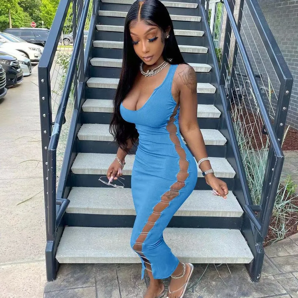 Casual Pin Up Side Hollow Out Women Sleeveless U Neck Fashion Bodycon Ribbed Knitted Long Dress Stretchy Summer Club Dresses