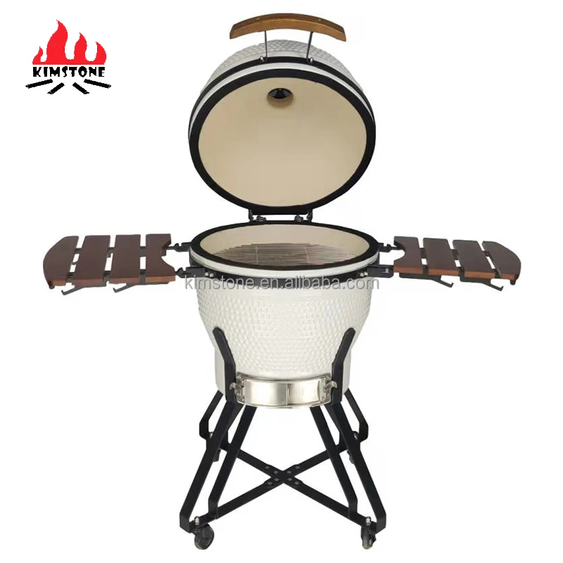 KIMSTONE hot sale bbq white ceramic charcoal grill cast iron tripod 22 inch barbeque rotisserie removable