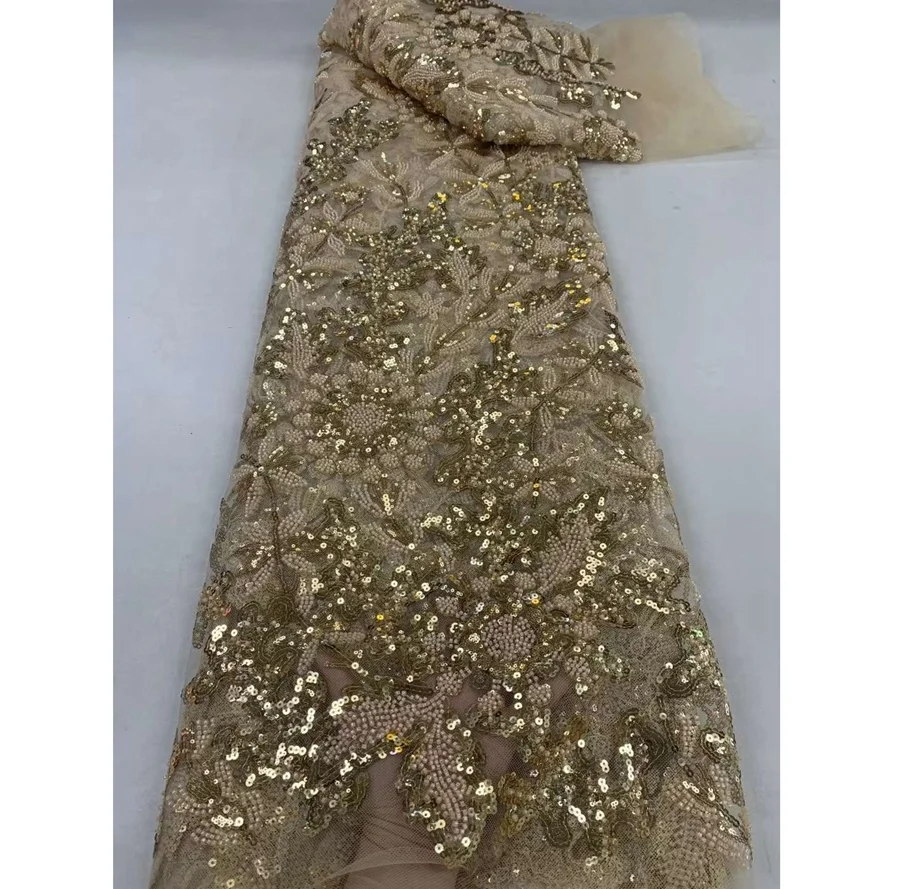 French Lace with Sequins  Beads African  Fabric Lace Wedding Dress High Quality Lace Fabric With Beads And Pearl