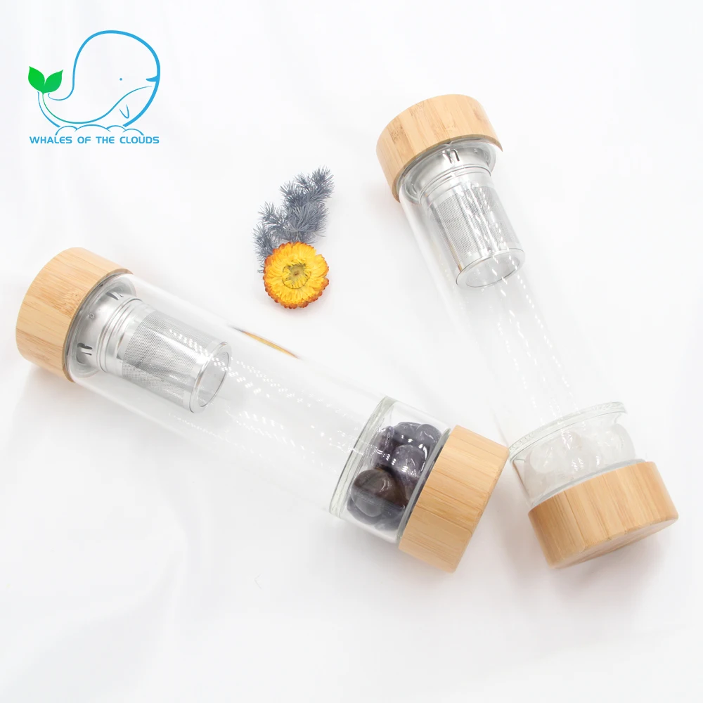 Glass Water Bottle Bamboo Lid Gemstone Water Bottle with crystal inside Natural Crystal Infused Chips