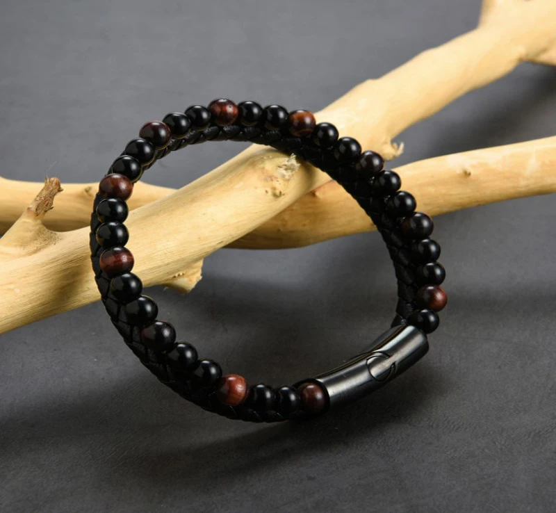 Top Selling Fashionable Friendship Braided Leather Tiger Eye Natural Stone Bead Bracelet For Men