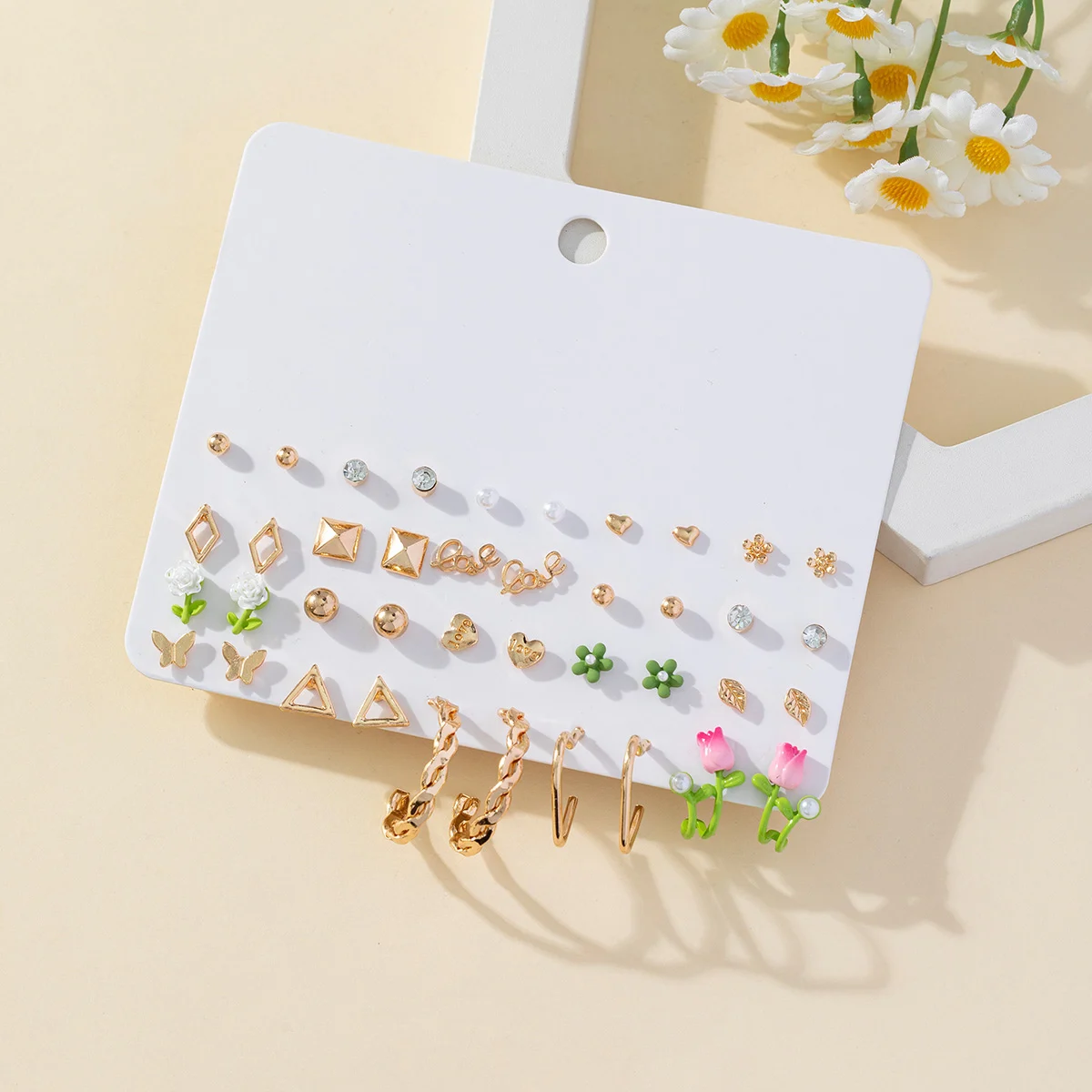 Factory Wholesale Cheap Gold Plated 20 Pairs Heart Love Green Flower Earring Studs Twisted Heart Shaped Hoops Earring Sets