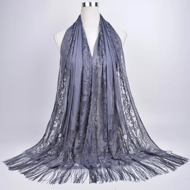 Muslim scarf hijab solid color lace hollow tassel silk scarf female summer Malaysia long scarf shawl