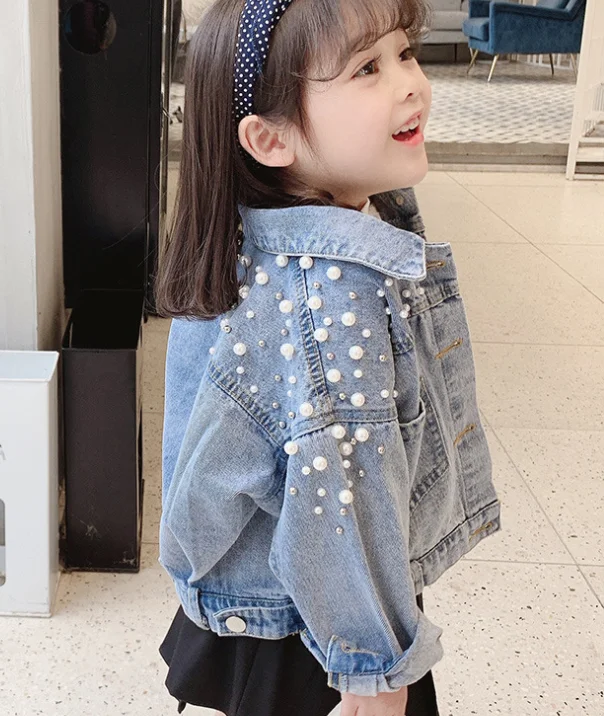 cy10849a 2021 New Spring Autumn Clothes Baby Girls Denim Outerwear Korean Version Trend Beaded Jean Jacket For Kids