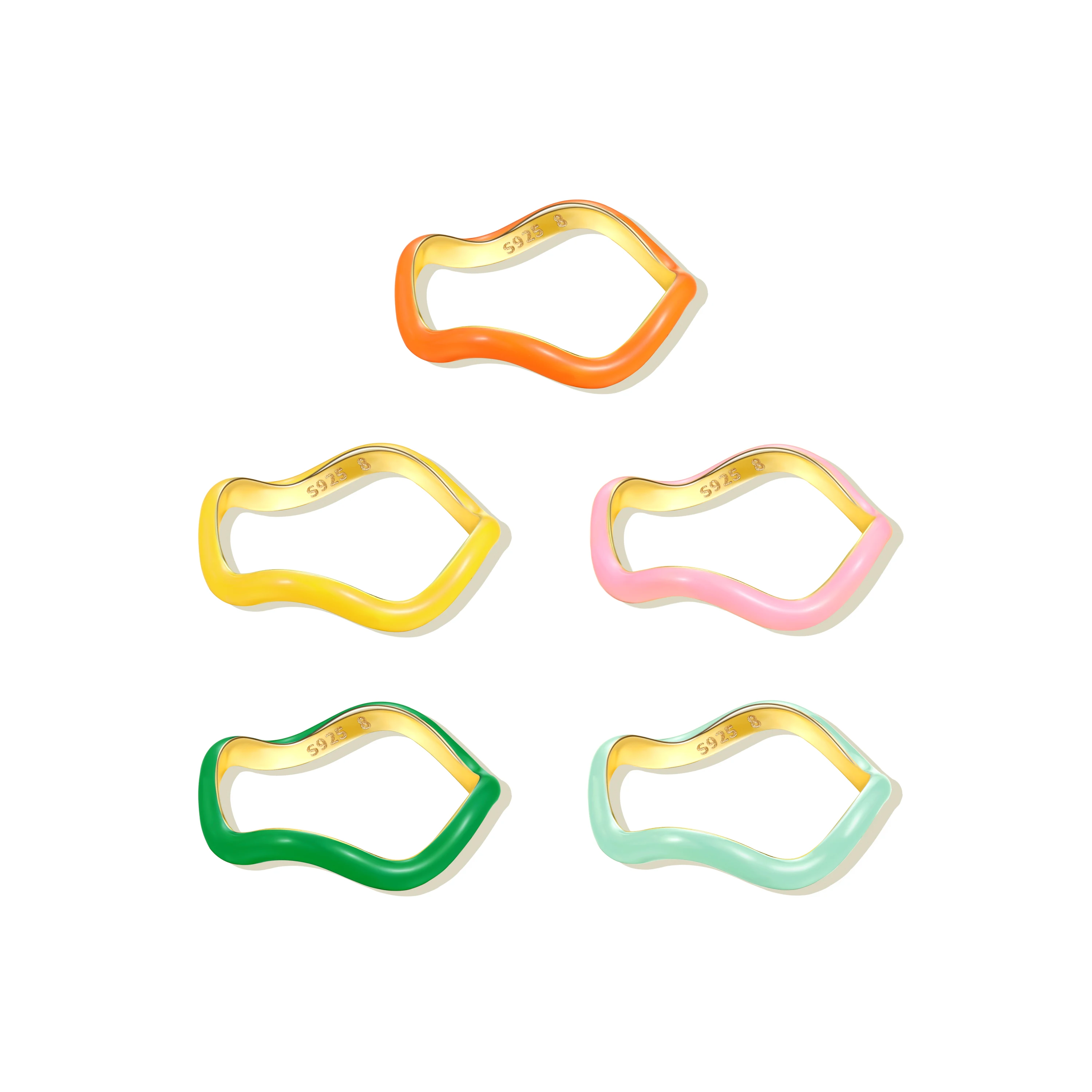 Wholesale summer 925 sterling silver fashion fine jewelry 18k gold 5 colors enamel wave shape rings for girls
