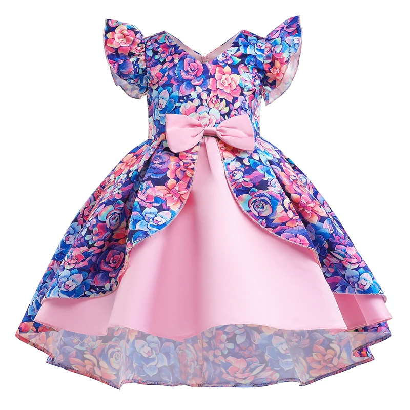 Latest Summer Children Floral Printed Formal Ball Gown Fly Sleeve Girl Princess Bow Clothes for Kids Girls Dresses
