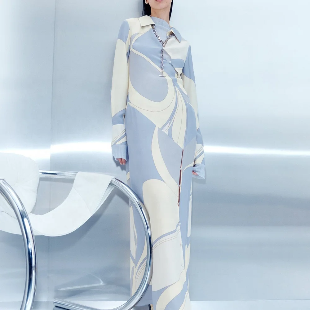 Muslim dresses Women Clothing Fashion Silk Satin Elegant Lapel Dress High split  Long Sleeve Button Shirt Casual Dresses