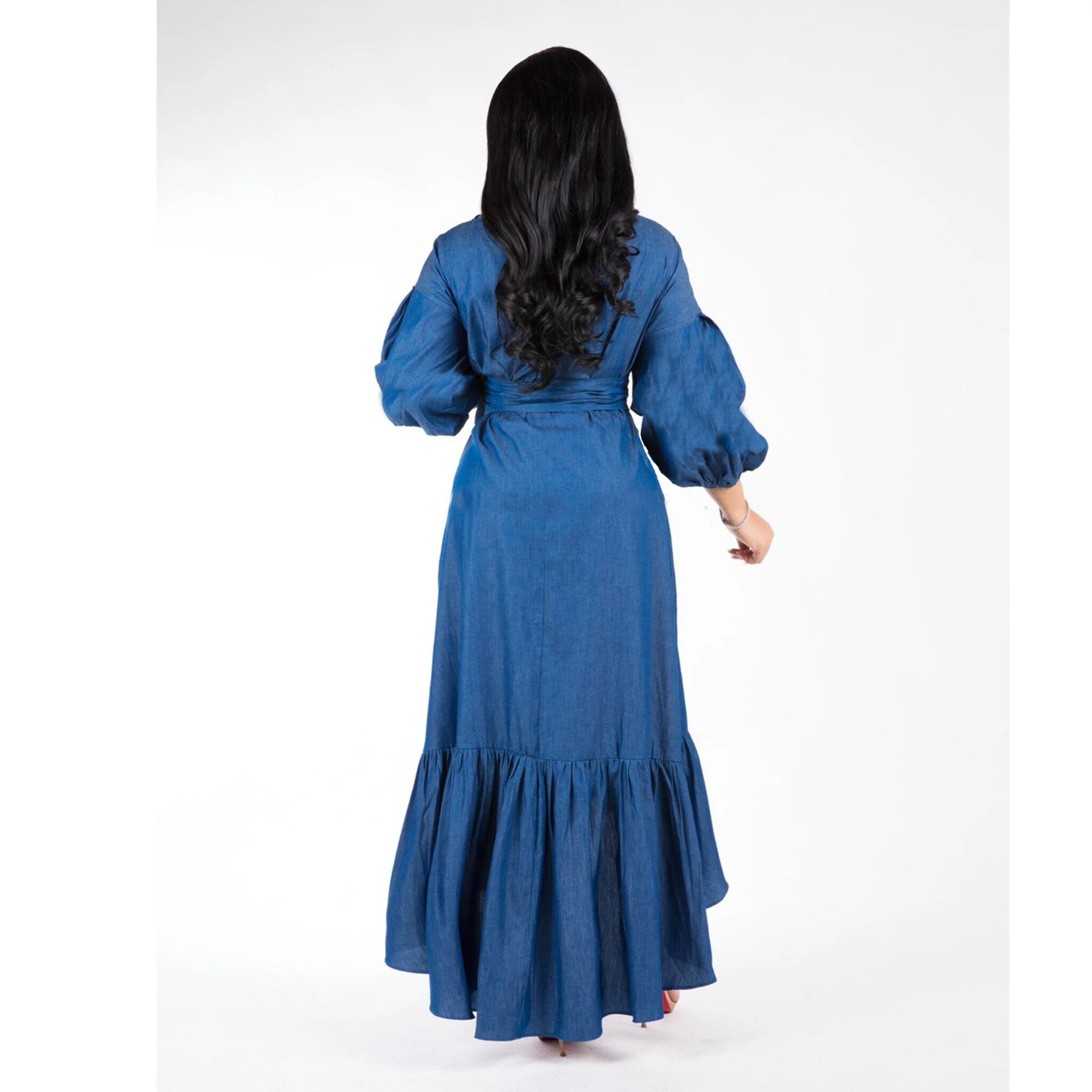 DF0617  Latest Design Summer Denim Dress Long Ruffled Lantern Sleeves V Neck Jean Dresses Casual Women Denim Dress