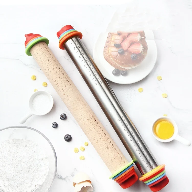 Super Kitchen Adjustable Beech Wood Rolling Pin Removable Silicone Thickness Guide Rings 4 Size Of Rings