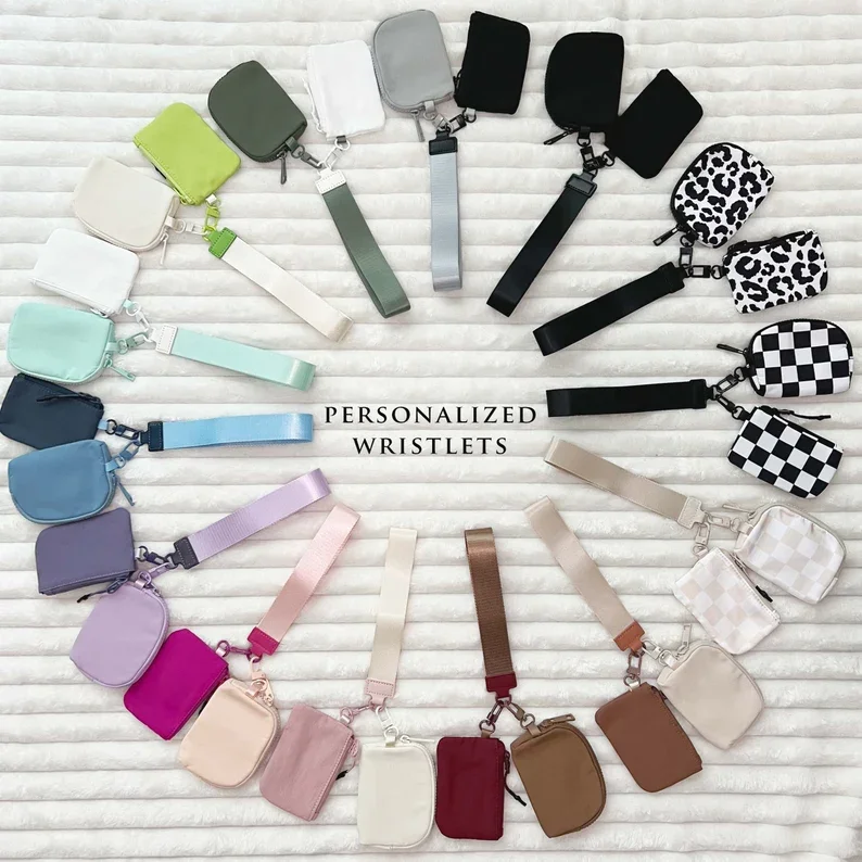 Personalized Wristlet Wallet Nylon Dual Pouch Custom Checkered Wristlet Coin Purse Ladies Mini Card Holder Gifts Keychain Wallet