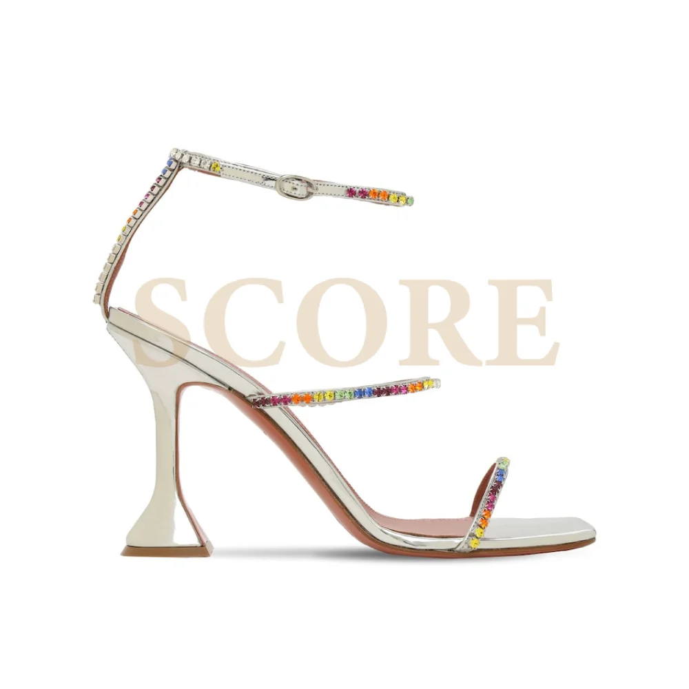 Hanna 2021 Summer High Chunky Thong heel Crystal Rhinestones Sandals Square Toe Snake Print Ankle Straps Women Sandals