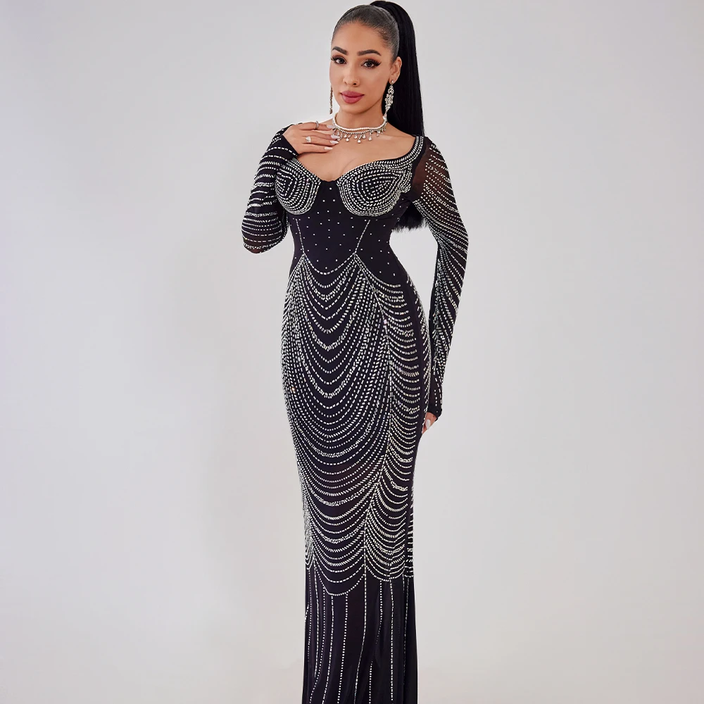 OEM&ODM Luxury Maxi Evening Dresses for Women Rhinestone Black Mesh Crystal Solid Color Sequined Decoration Wedding Party Gown