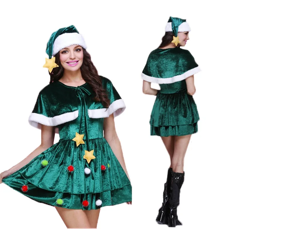 Christmas Party Costume Adult Girls Women Dress Miss Santa Outfit Skirt Head Wear For