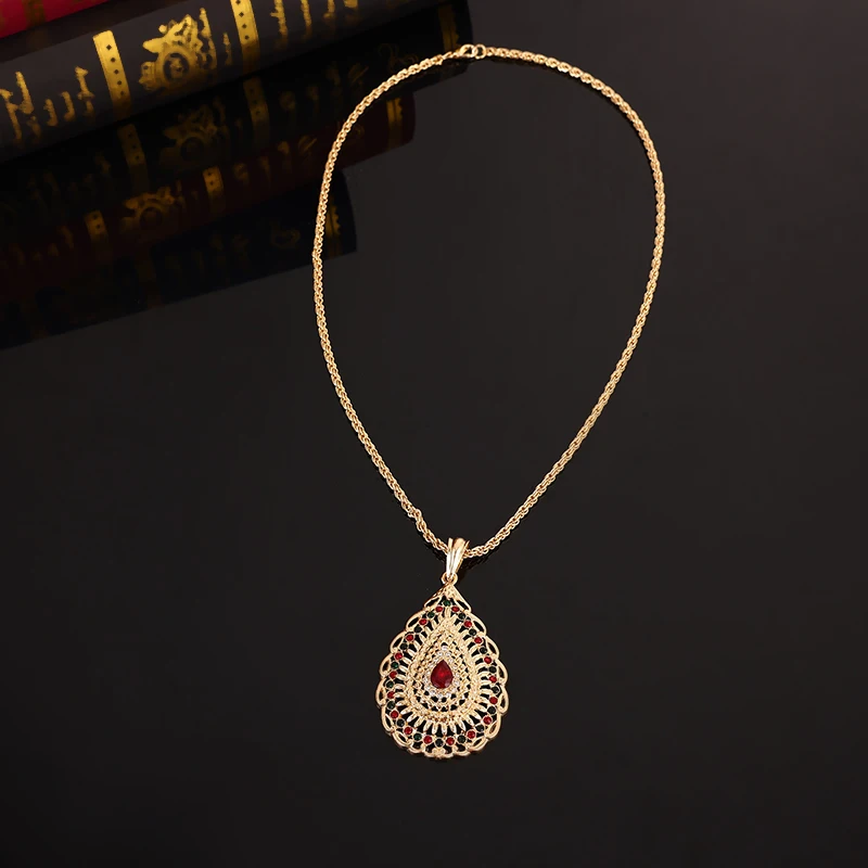 Morocco Jewelry Set Water Drop Crystal Big Pendant Necklace Earring Luxury Metal Wedding Jewelry Algerian Party Caftan Jewelry