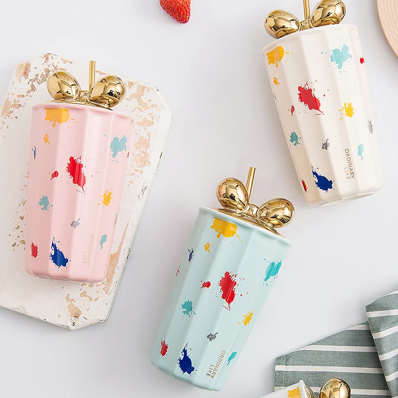 Flypeak Wholesale New Arrival Nordic Ceramic Mug Coffee Cup Porcelain Mug Fashion Luxury Ceramic Mug With Lid And Spoon