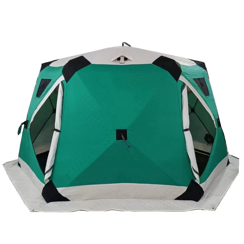 Outdoor Hexagon hub tent portable Up custom cube hiking insulated ice fishing tent 6 person winter camping hot tent with chimney