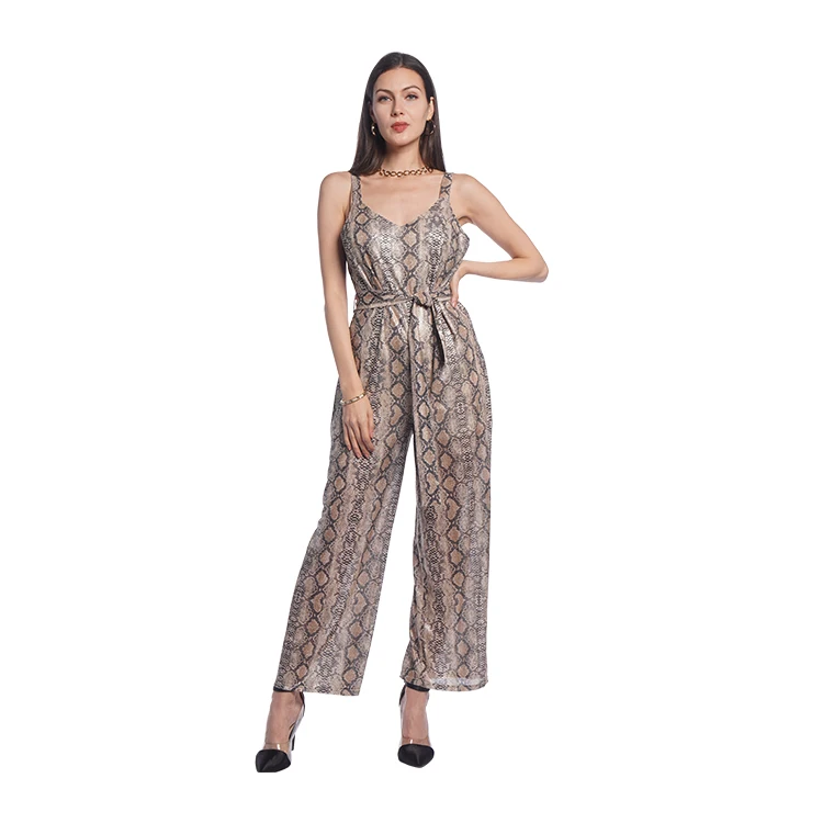 
Urban exotic wide leg 2021 summer jumpsuits women self belt soft lining net snakeskin print with glitter 