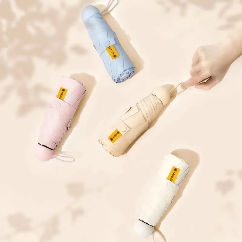 Popular selling stock capsule five fold umbrella with box uv proof multicolor support mix color